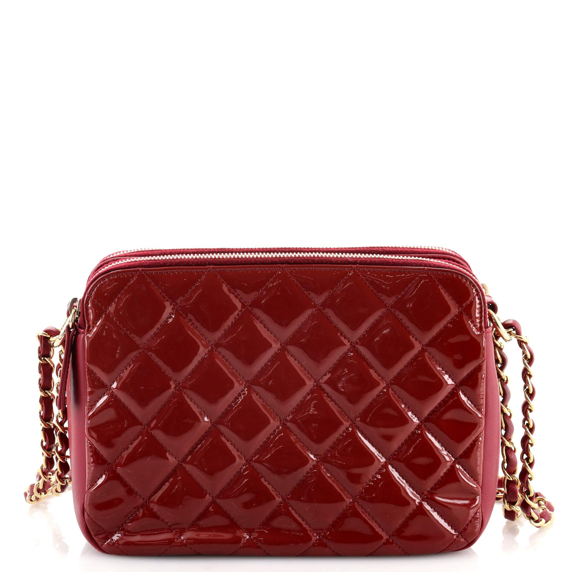 Red Chanel Crown CC Double Zip Crossbody Bag Quilted Patent Medium