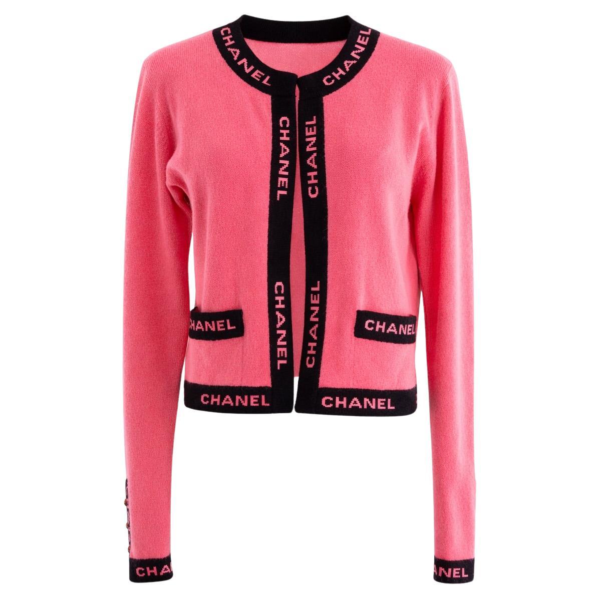 Chanel Cruise 1994/1995 Watermelon Pink Black CC Logo Cashmere Cardigan