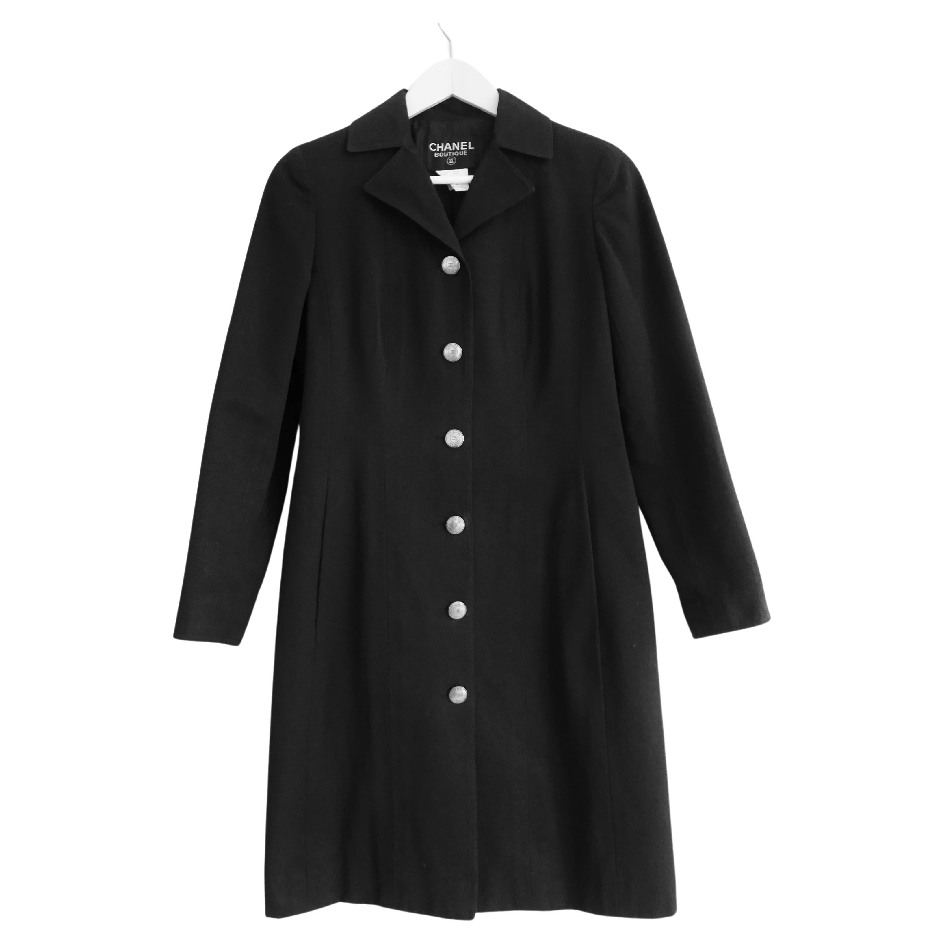 Chanel Cruise 1997 Long Black Coat w/Metal Buttons For Sale