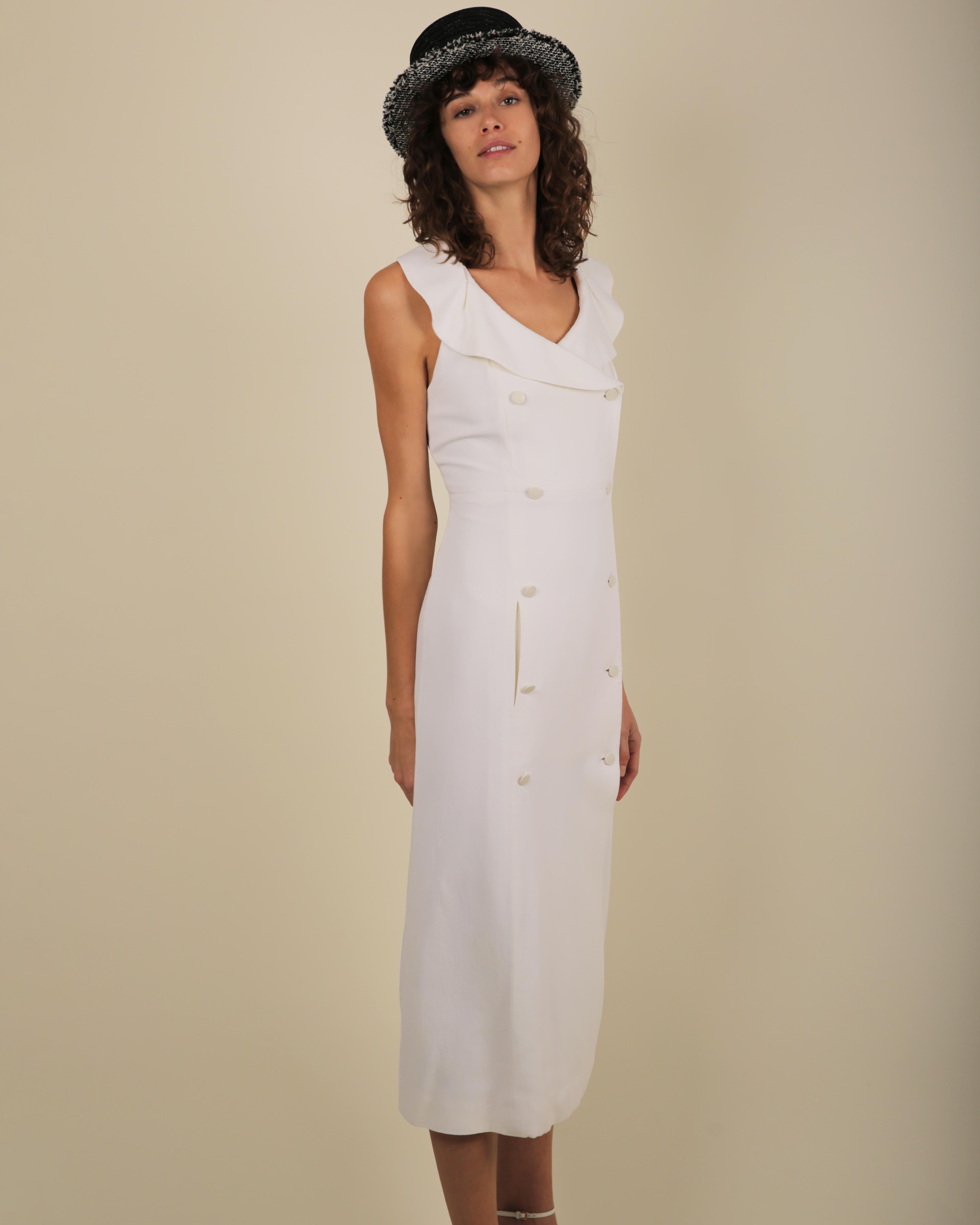 Chanel cruise 1997 vintage white wedding midi dress with logo button up front   For Sale 5