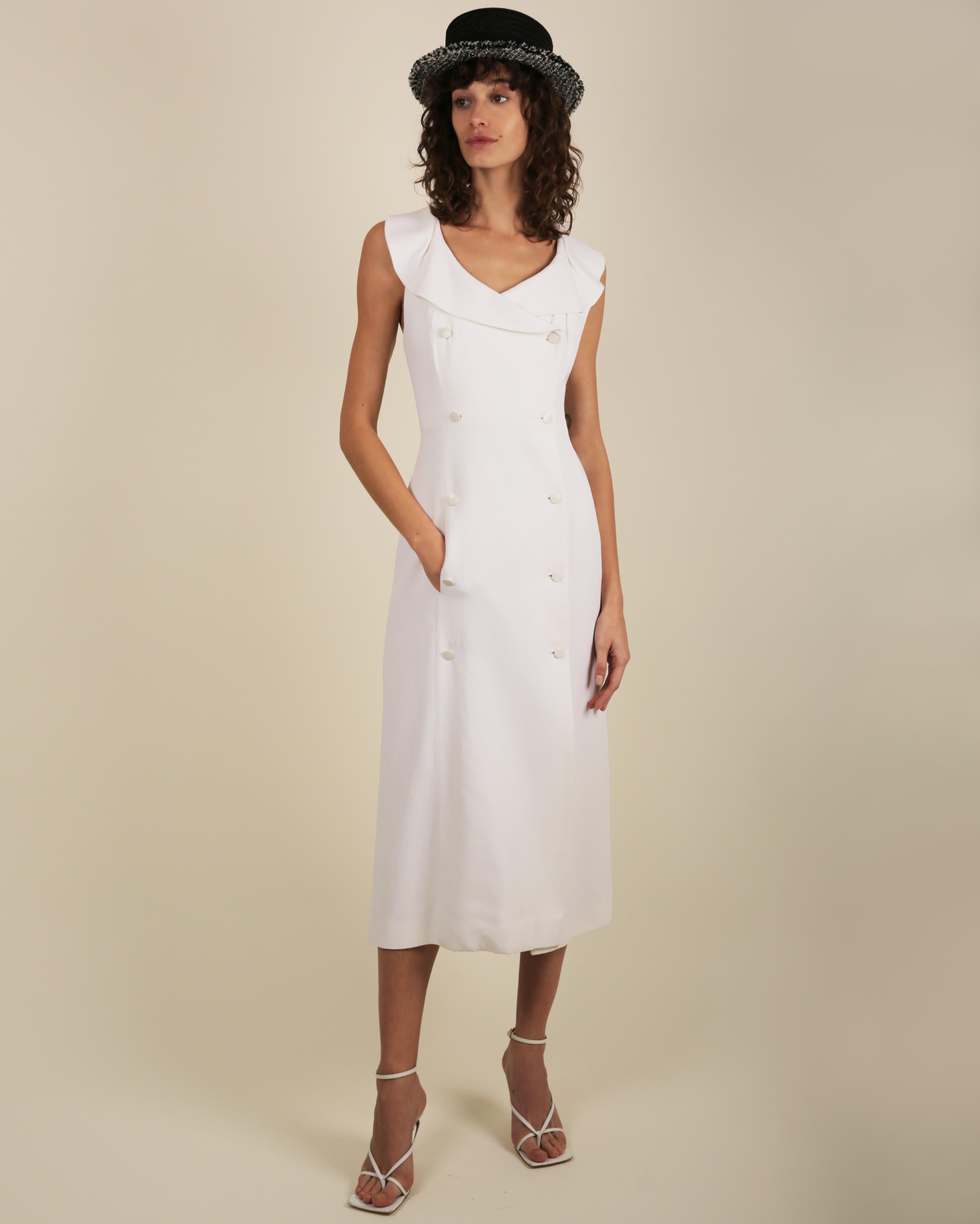 Women's Chanel cruise 1997 vintage white wedding midi dress with logo button up front   For Sale
