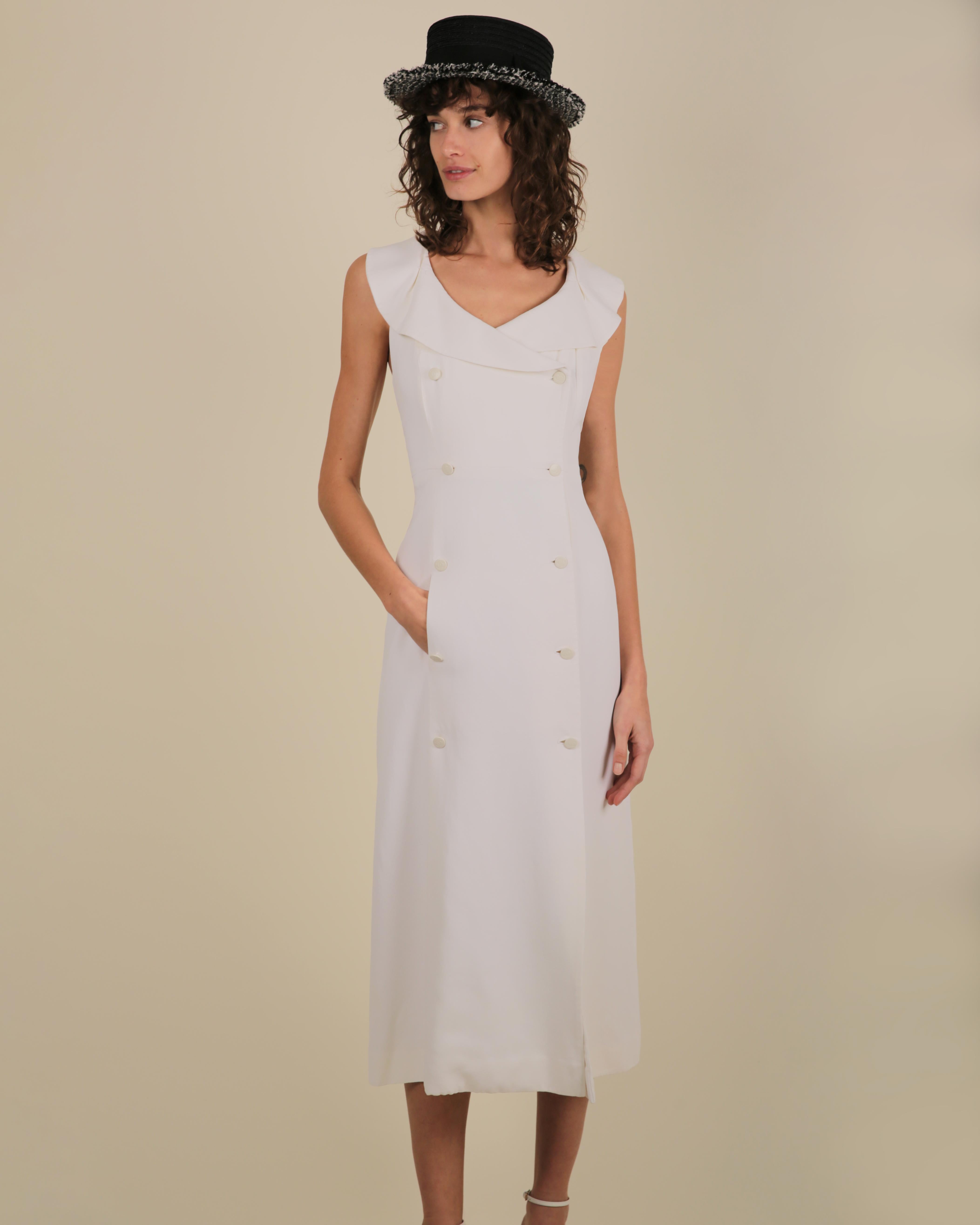 Chanel cruise 1997 vintage white wedding midi dress with logo button up front   For Sale 1