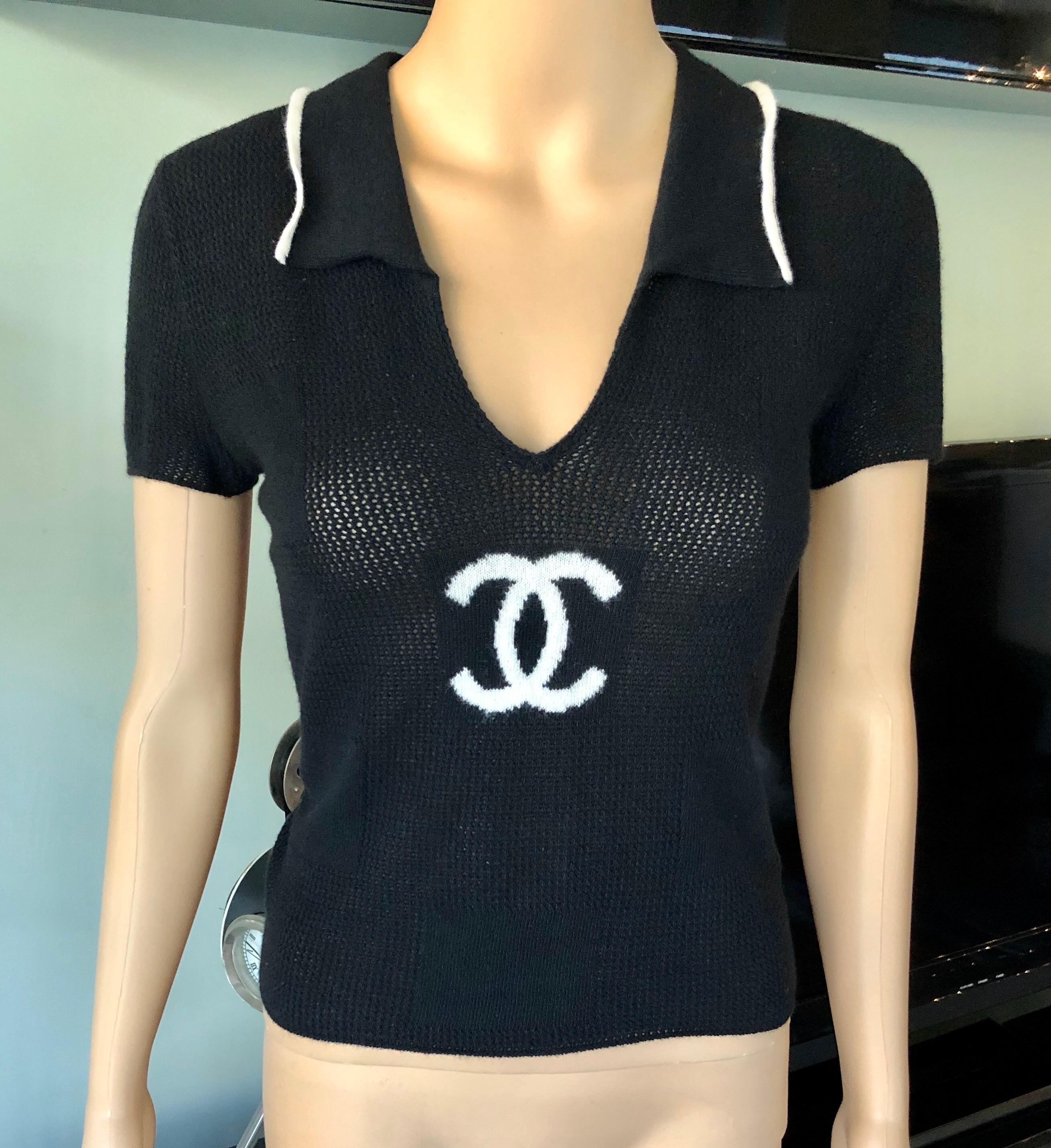 Chanel Cruise 2001 Logo Semi-Sheer Intarsia Knit Cashmere Black Sweater Top FR 38