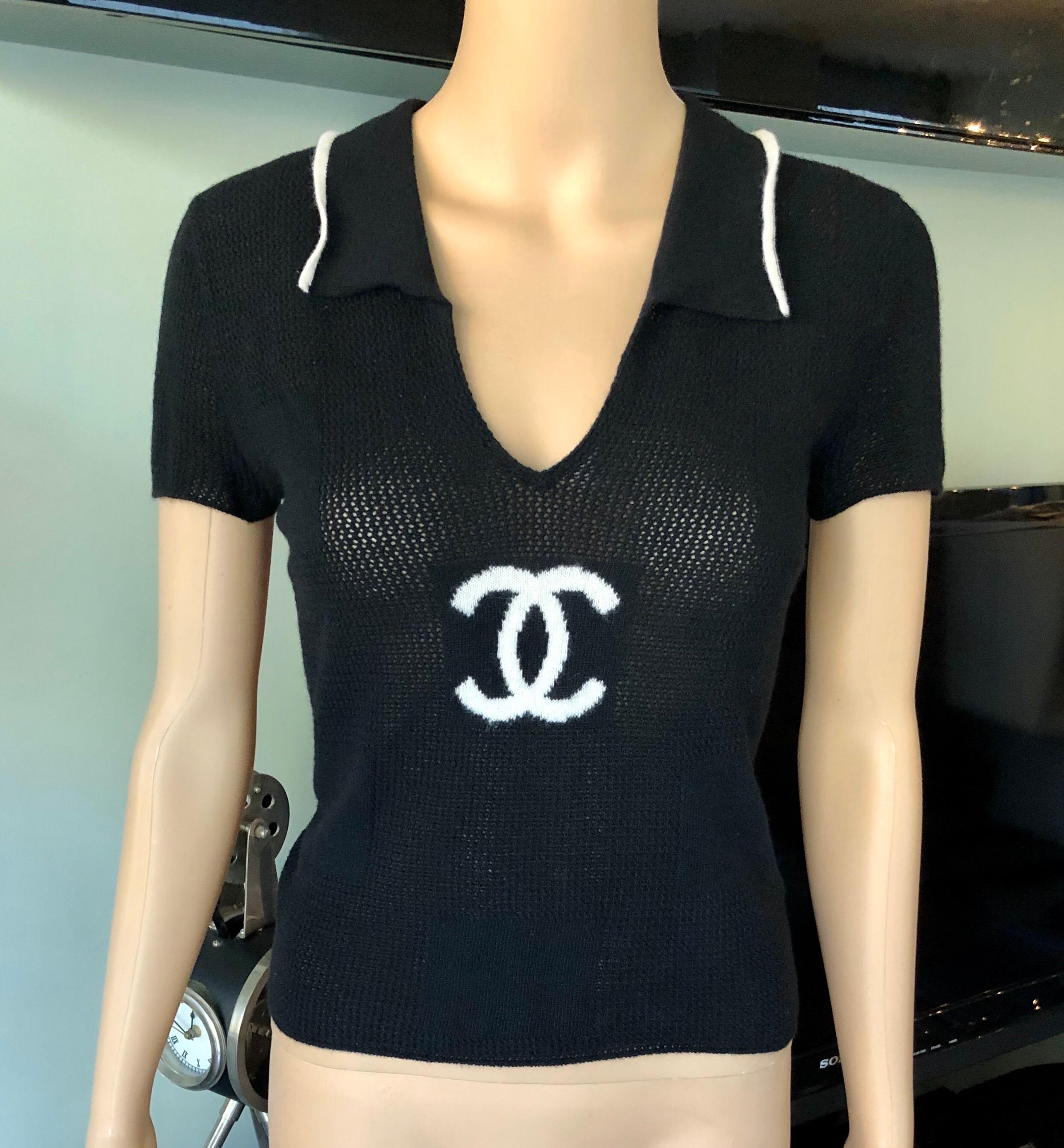 Chanel Cruise 2001 Logo Semi-Sheer Intarsia Knit Cashmere Black Sweater Top In Good Condition In Naples, FL