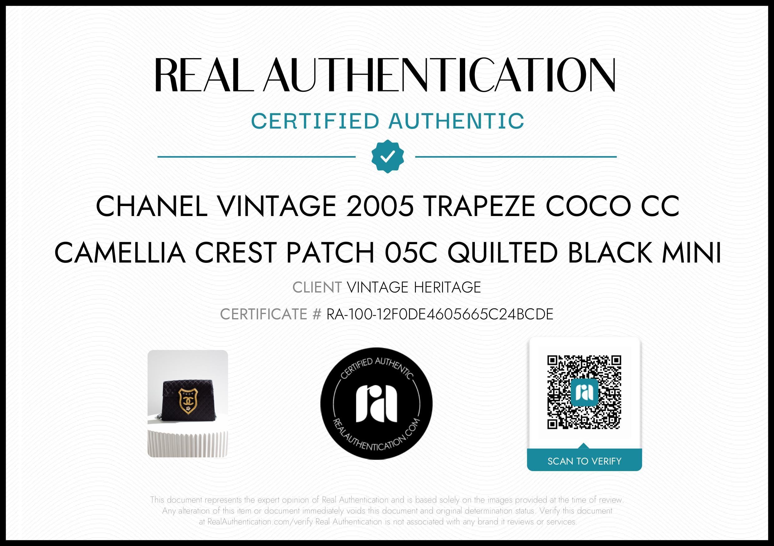 This mini trapeze Chanel bag from Cruise 2005 collection is a rare gem and a true classic. The vintage crest patch, most famously known from the iconic Chanel jacket in the same collection—worn by Anne Hathaway in The Devil Wears Prada—makes this