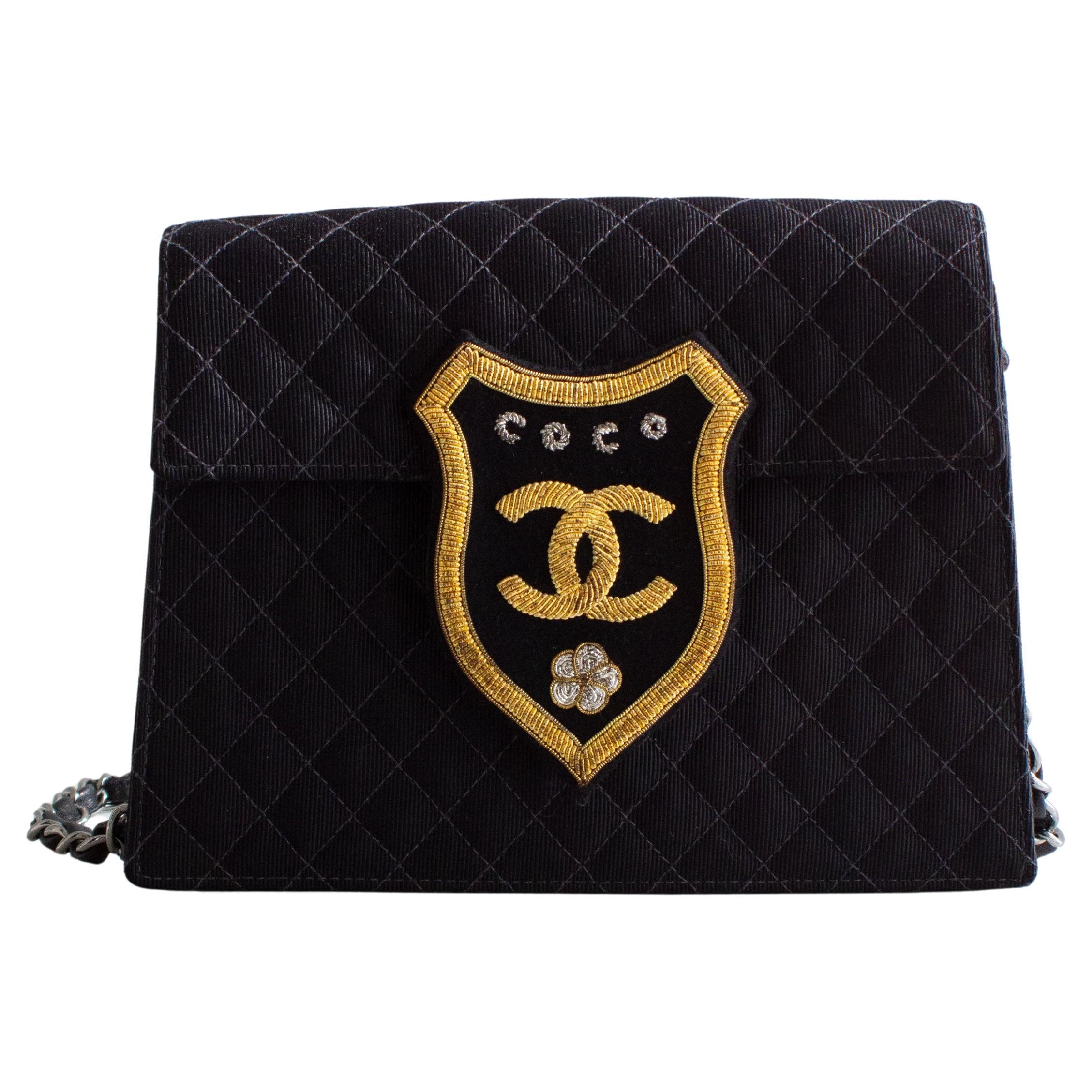 Chanel Cruise 2005 Trapeze Quilted Black Coco CC Camellia Crest 05C Mini Bag For Sale
