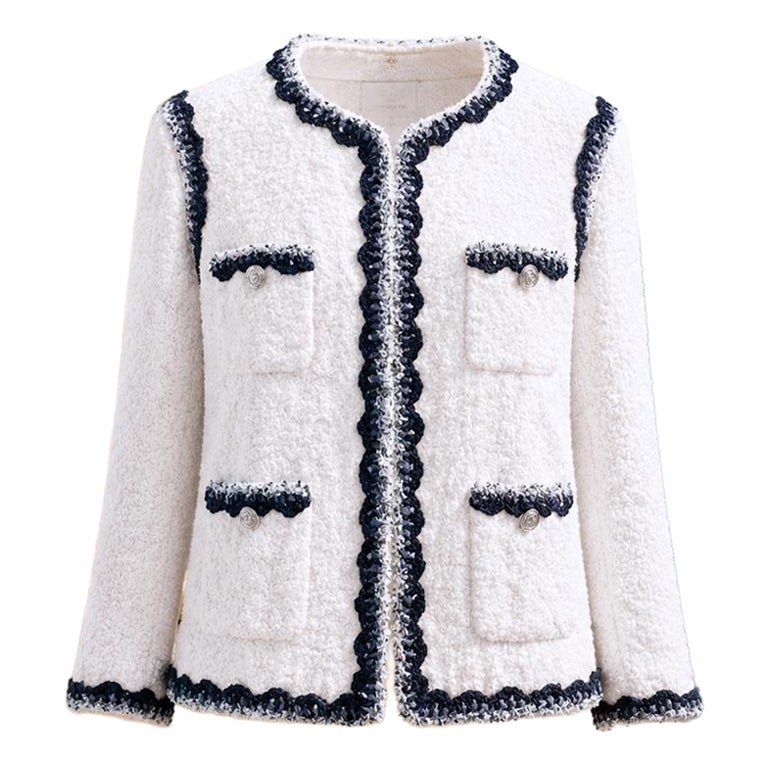 CHANEL Crucero 2012 Pasarela Chaqueta de tweed blanco esponjoso 34 FR