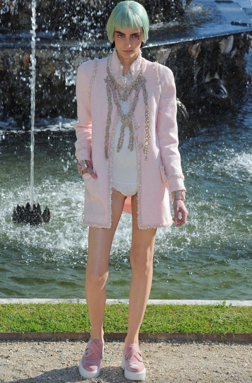 Chanel Cruise 2013 Versailles Pink Camellia 13C Long Tweed Braided Jacket Coat In Good Condition In Jersey City, NJ