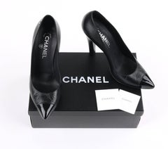 CHANEL Cruise 2014 Black Textured Leather Pointed Cap Toe Pumps Heels