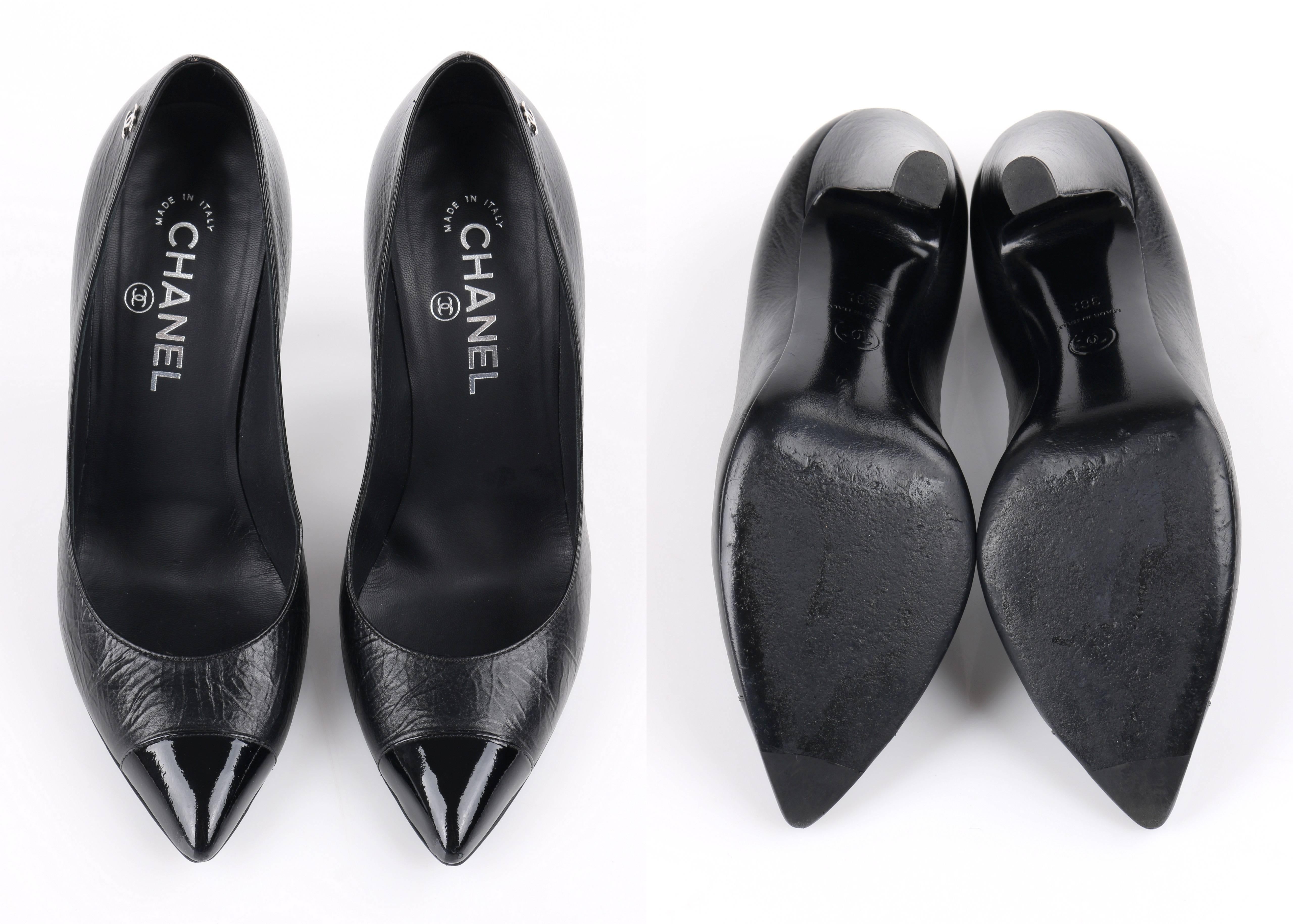 CHANEL Cruise 2014 Black Textured Leather Pointed Cap Toe Pumps Heels 1