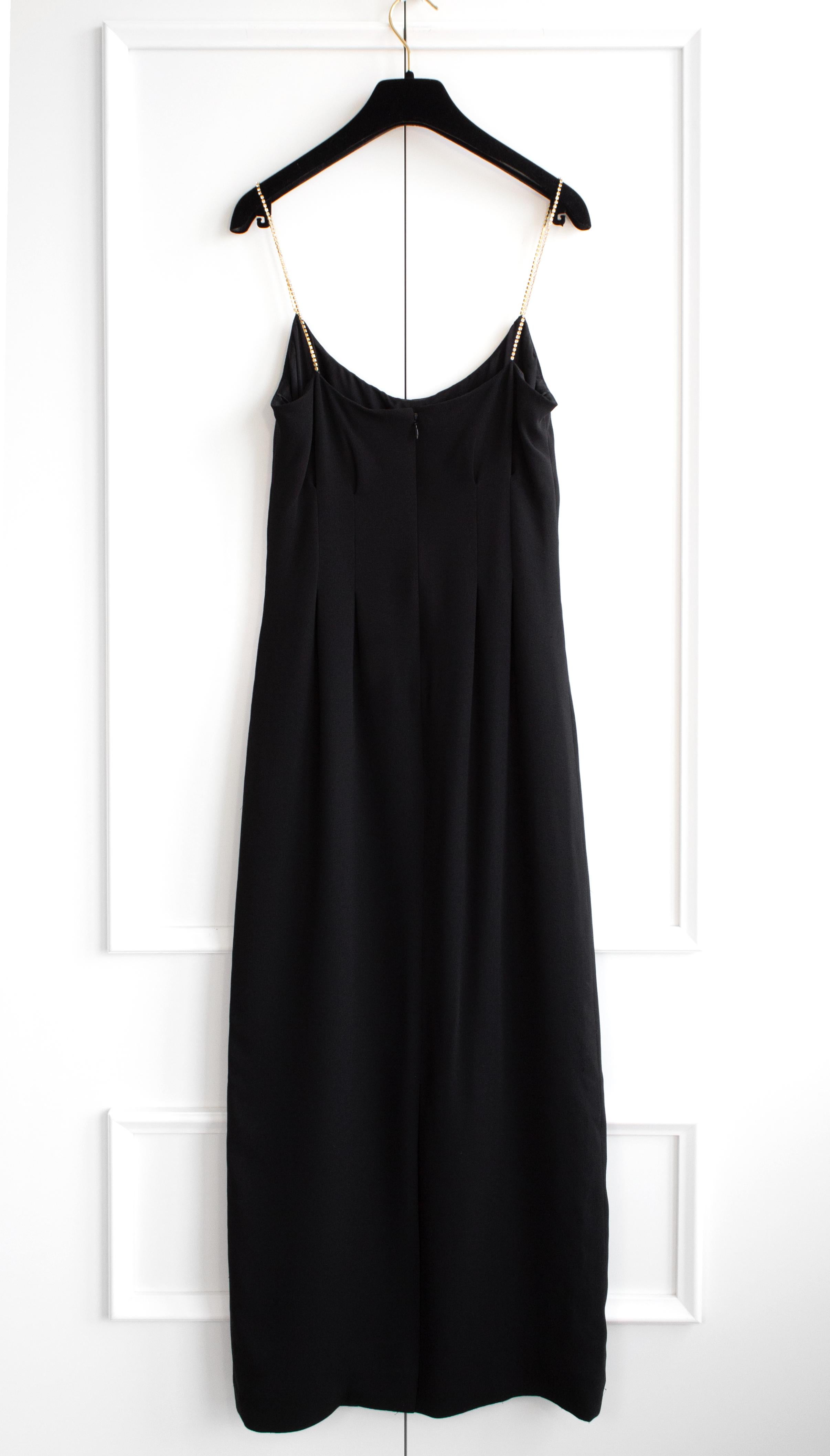 Chanel Cruise 2015 Black Gold Crystal Strap 15C Midi LBD Dress In Good Condition For Sale In Jersey City, NJ