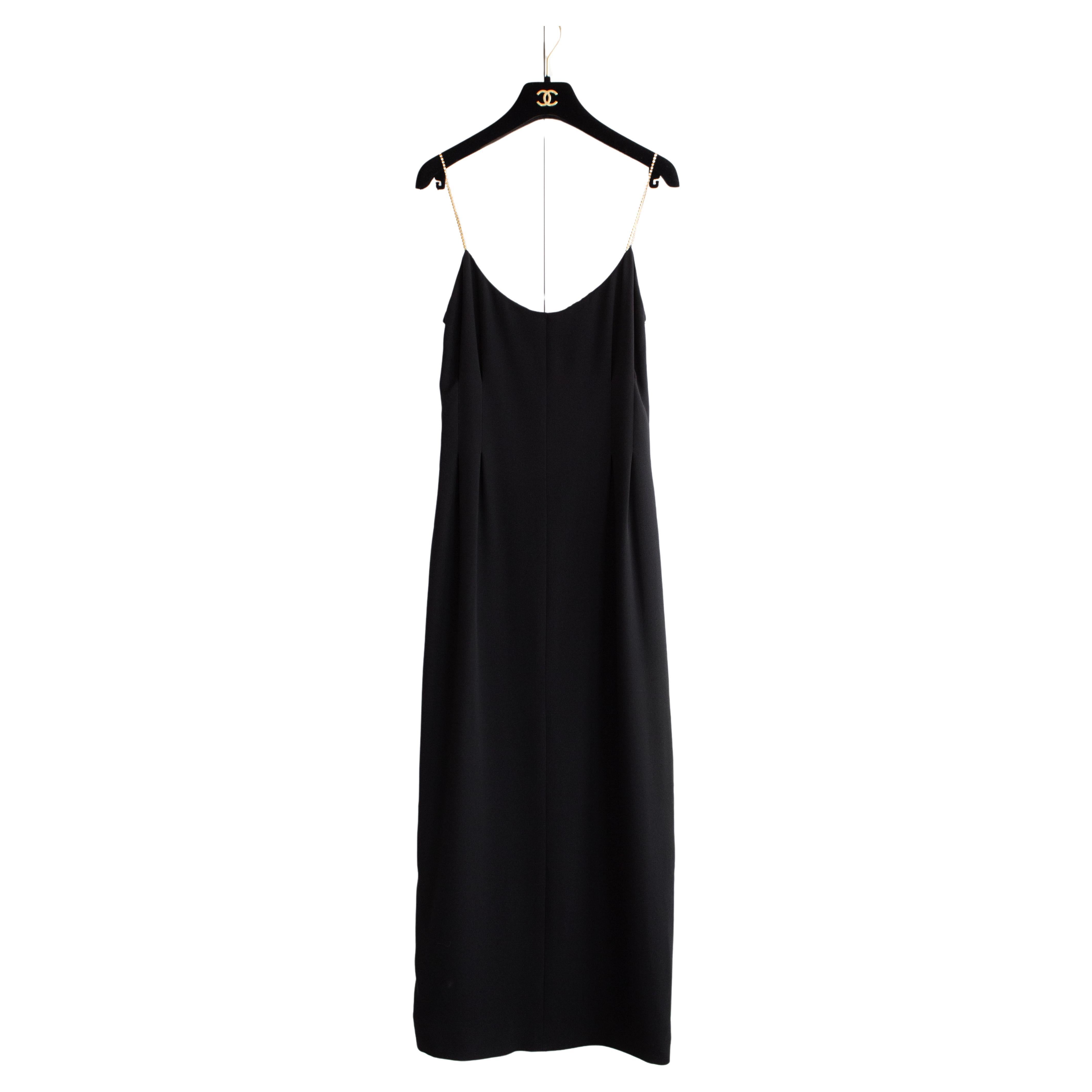 Chanel Cruise 2015 Black Gold Crystal Strap 15C Midi LBD Dress For Sale