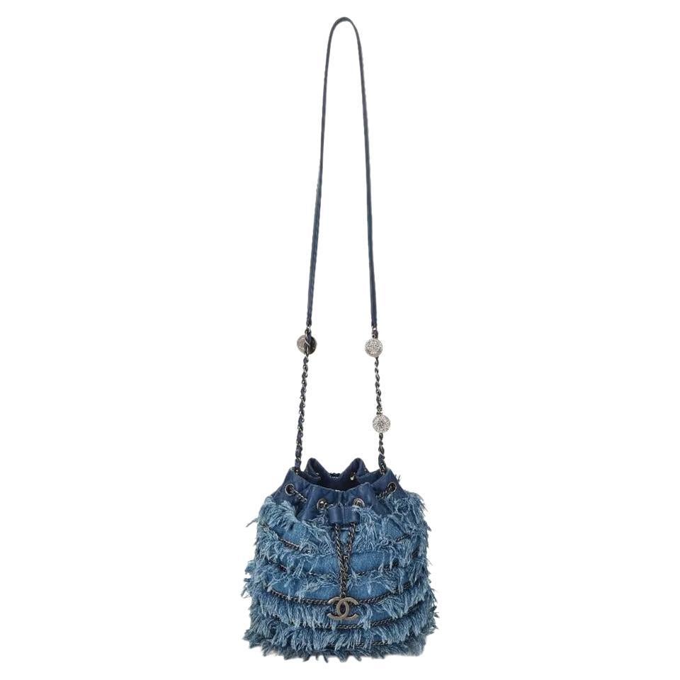 Chanel Cruise 2015 Denim Tweed Fringe Bucket Crossbody Bag For Sale 3