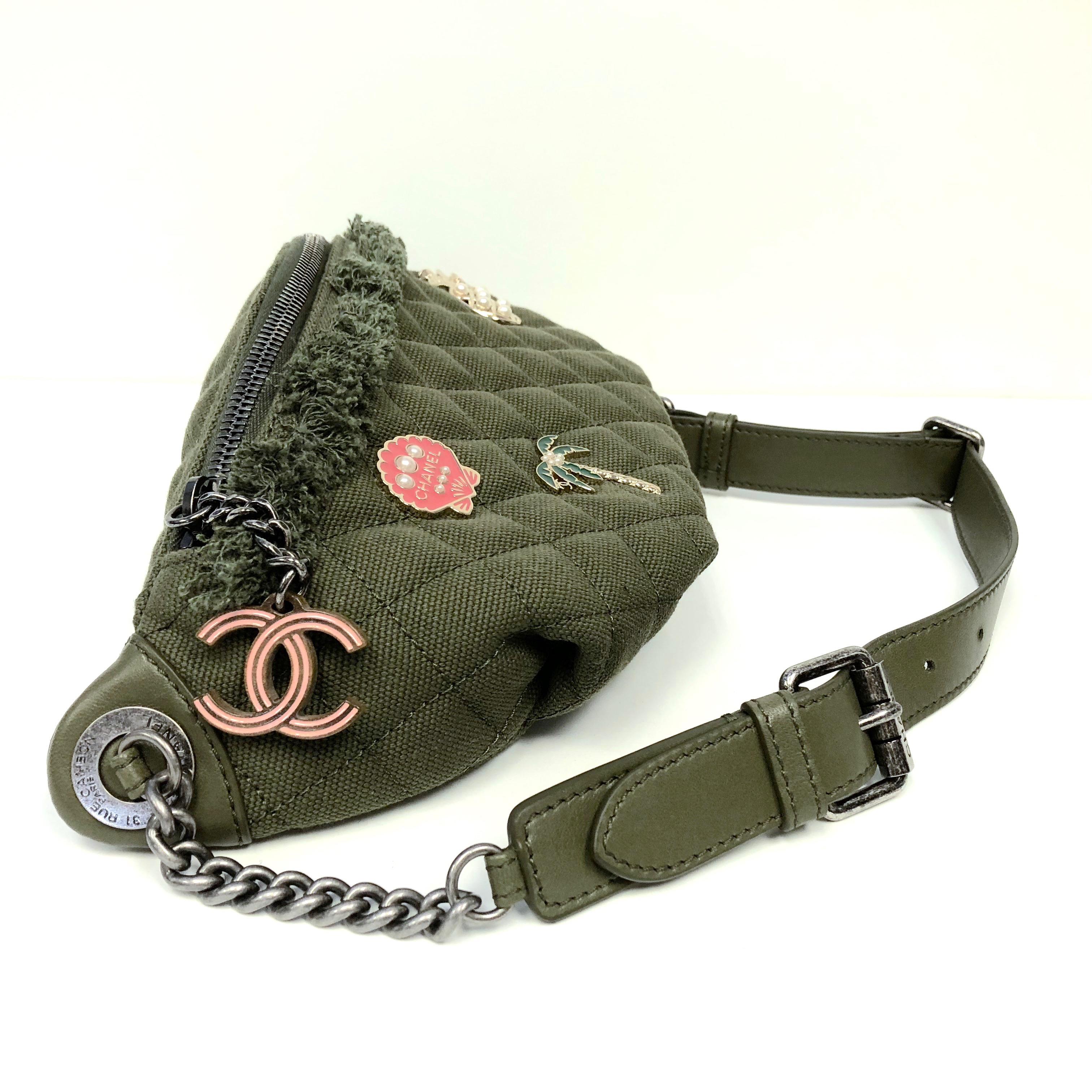 CHANEL Cruise 2017 Quilted Coco Cuba Charms Khaki Waist Bag Fanny Pack  In New Condition In Westlake Village, CA