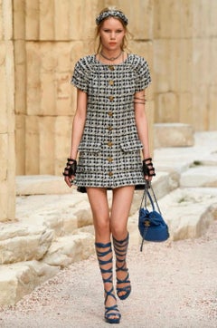 Chanel Cruise 2018 Greece Grey Navy Tweed Gold Owl Coin 18C Mini Dress