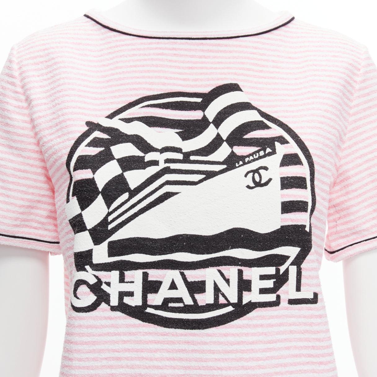CHANEL Cruise 2019 La Pausa pink stripe terrycloth CC logo print tshirt FR36 S
Reference: TGAS/D00527
Brand: Chanel
Designer: Virginie Viard
Collection: 2019 Cruise
Material: Cotton, Blend
Color: Pink, Black
Pattern: Striped
Closure: Pull On
Extra