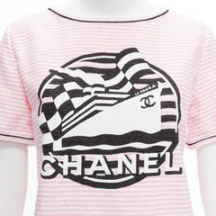 CHANEL Cruise 2019 La Pausa pink stripe terrycloth CC logo print tshirt FR36 S