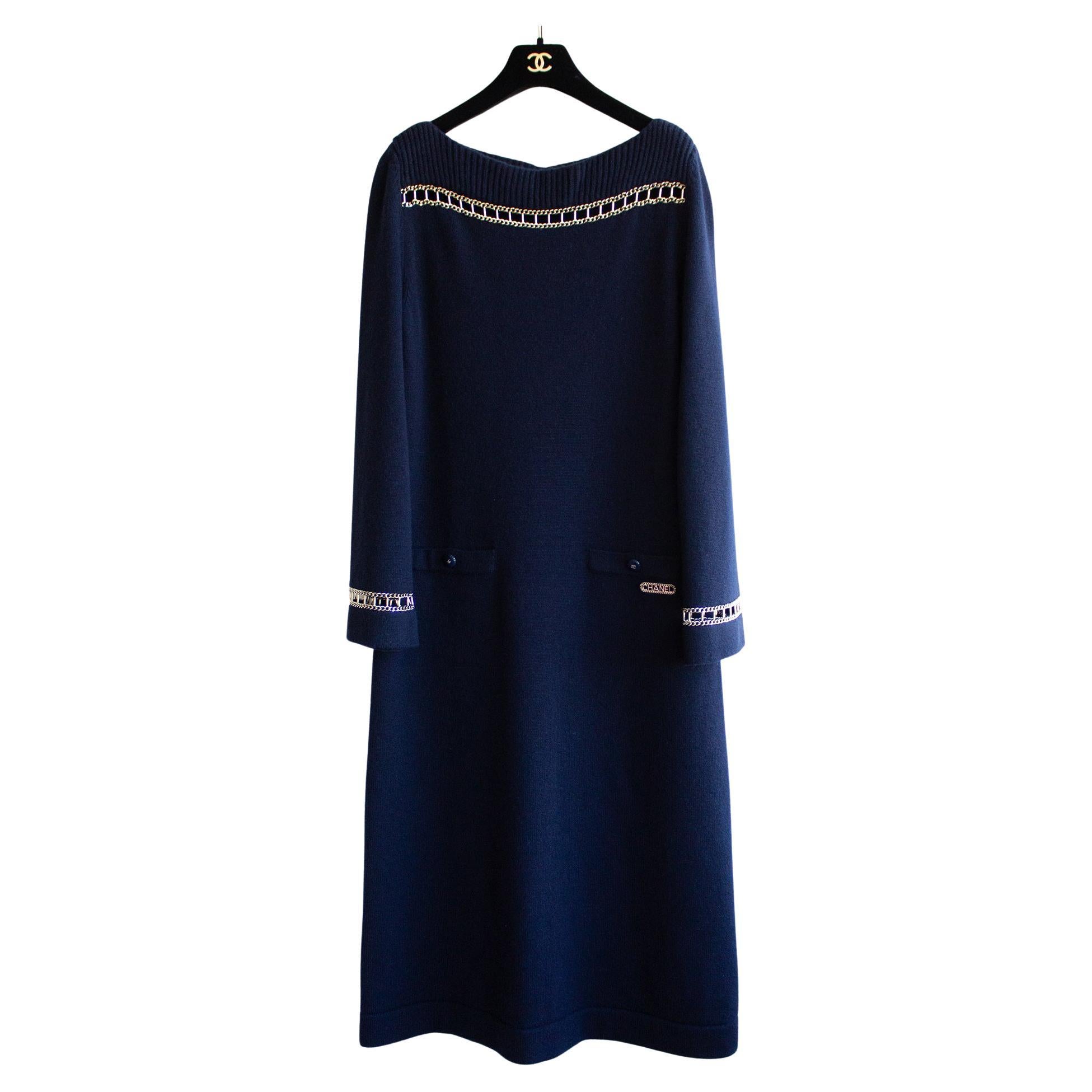 Chanel Cruise 2020 Navy Blue Gold Chain 20C Bateau Cashmere Sweater Dress  at 1stDibs