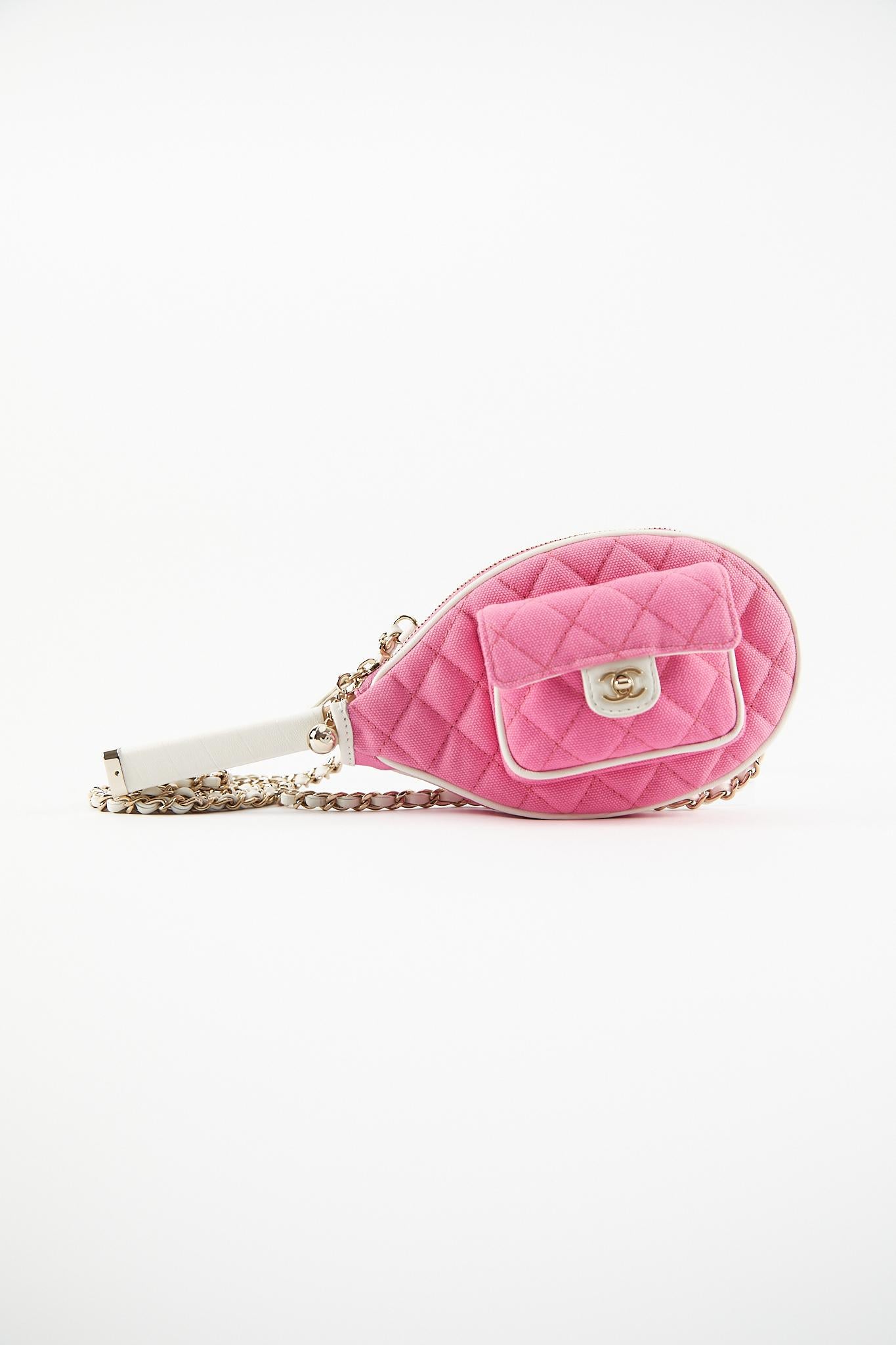 Pink CHANEL CRUISE 2023 MINI-RAQUET MIRROR CLUTCH PINK Gold-Tone Hardware For Sale