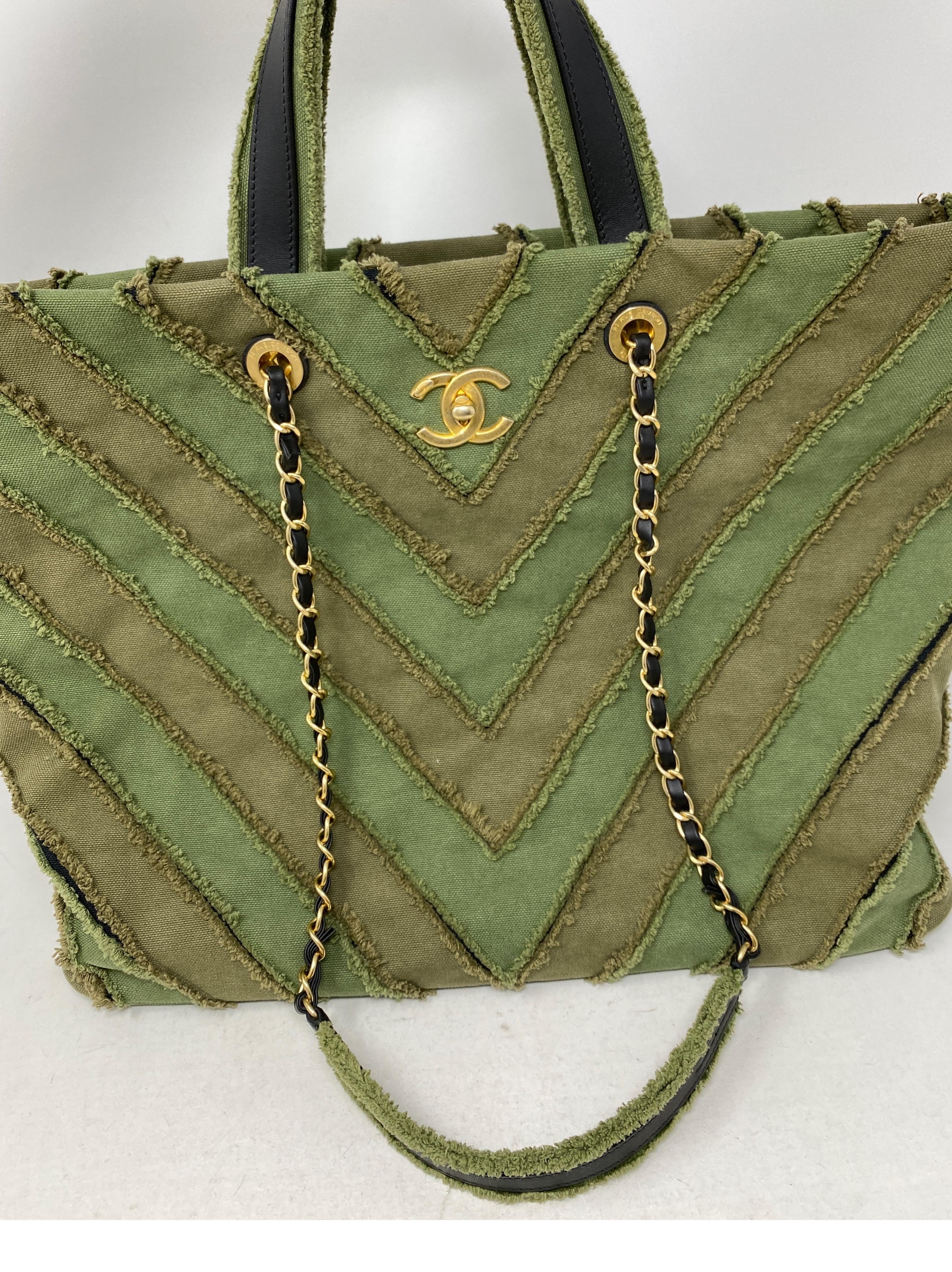 Chanel Canvas Patchwork Shopper Tote from Cruise Collection. Unique khaki green chevron pattern tote bag. Rare and limited collection. Gold hardware. Big collector's piece. Includes authenticity card. Guaranteed authentic. 