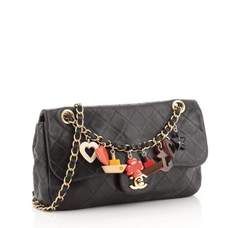 Black Chanel Cruise Charm Flap Bag Quilted Lambskin Medium