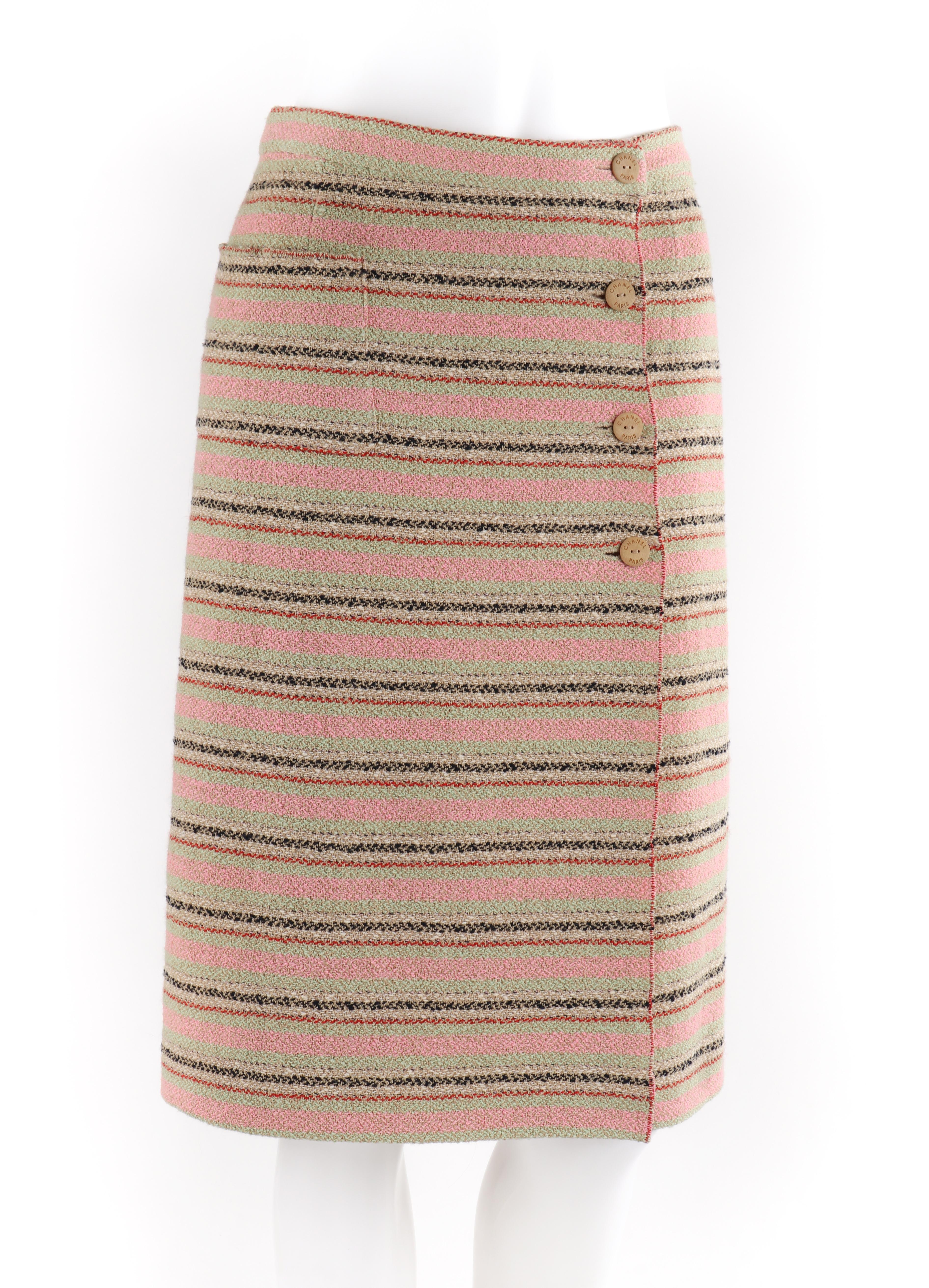 CHANEL Cruise Collection 2000 Multi-Color (Pink Green Brown) Stripe Wrap Button Up Skirt 
 
Brand / Manufacturer: Chanel 
Collection: Cruise Collection 2000
Designer: Karl Lagerfeld
Style: Wrap skirt 
Color(s): Shades of pink, brown, red, green and