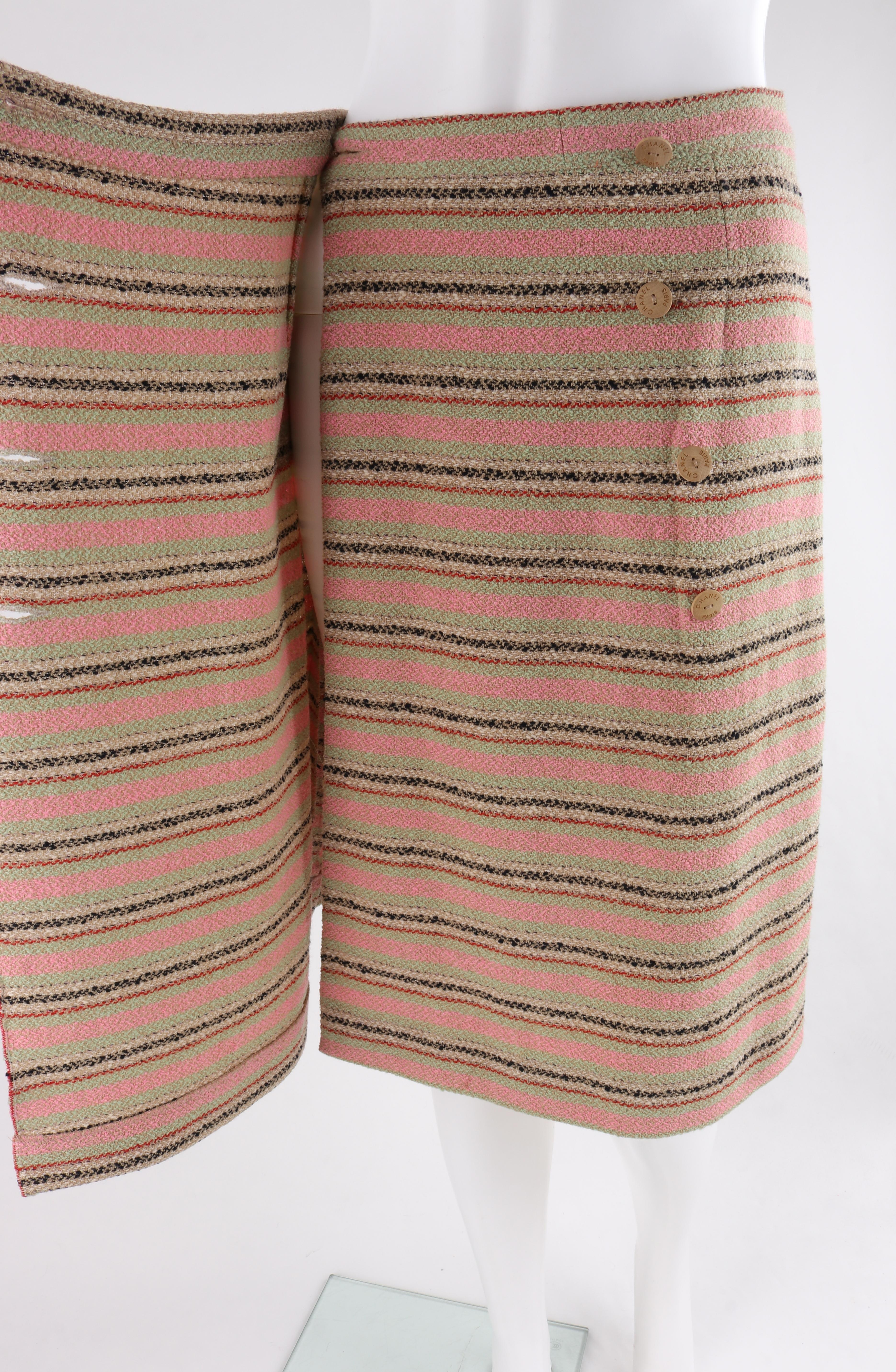 CHANEL Cruise Collection 2000 Multi-Color Stripe Wrap Button Up Skirt  In Excellent Condition In Thiensville, WI