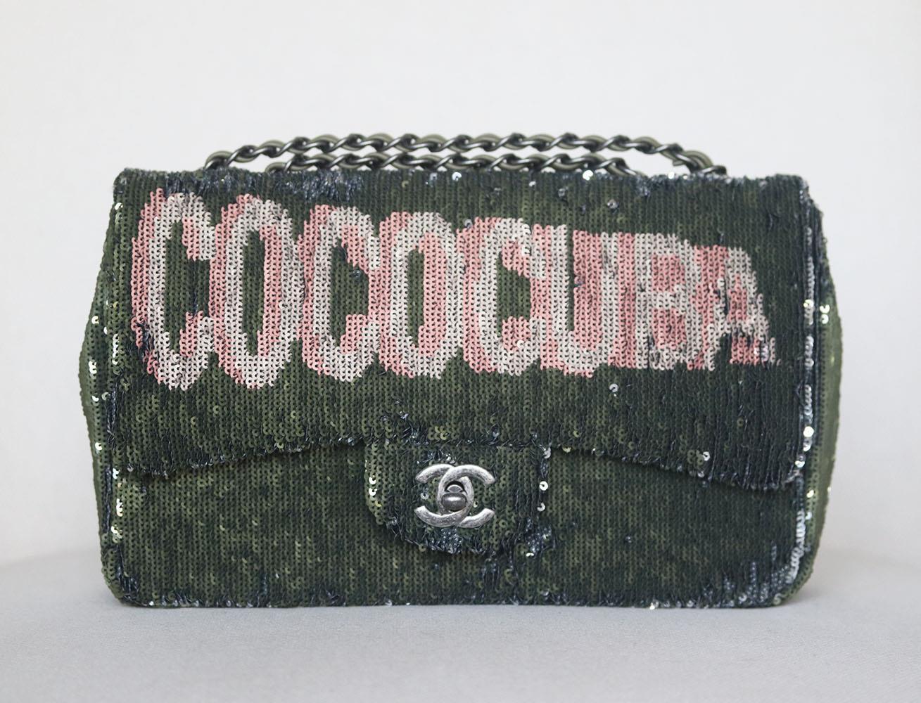 Chanel Cruise 2017 Lambskin Trimmed Sequin Classic Flap Bag has been hand-finished by skilled artisans in the label's workshop, it is boasting a metallic two-tone sequin exterior with 'COCOCUBA' embellished on the front, this design is accented with