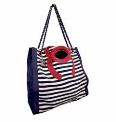 Chanel Cruise Line Navy White Stripes Red CC Tote Bag