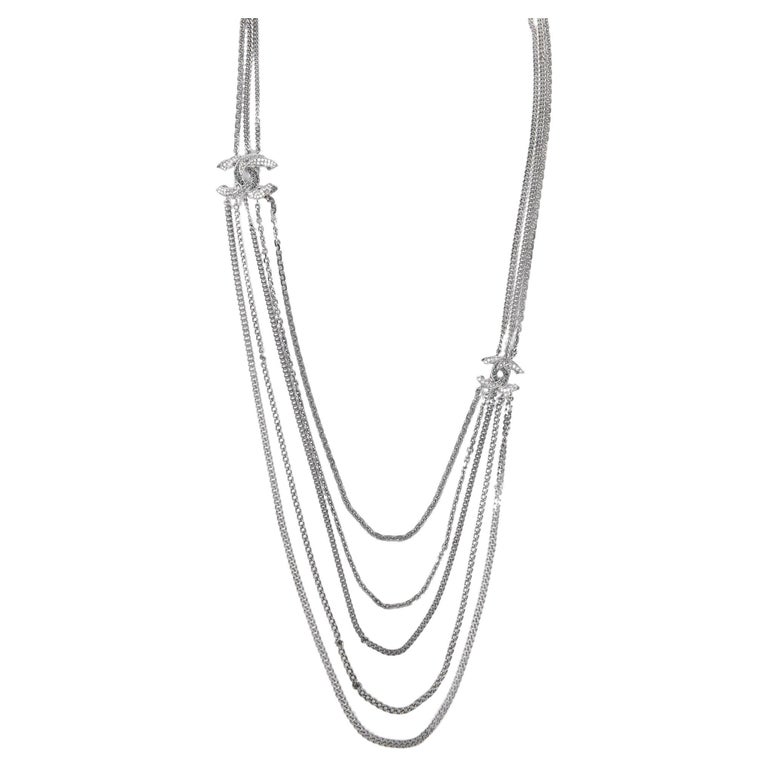 Chanel Crystal Aged Ruthenium Tone Multi Chain CC Twisted Necklace For Sale  at 1stDibs