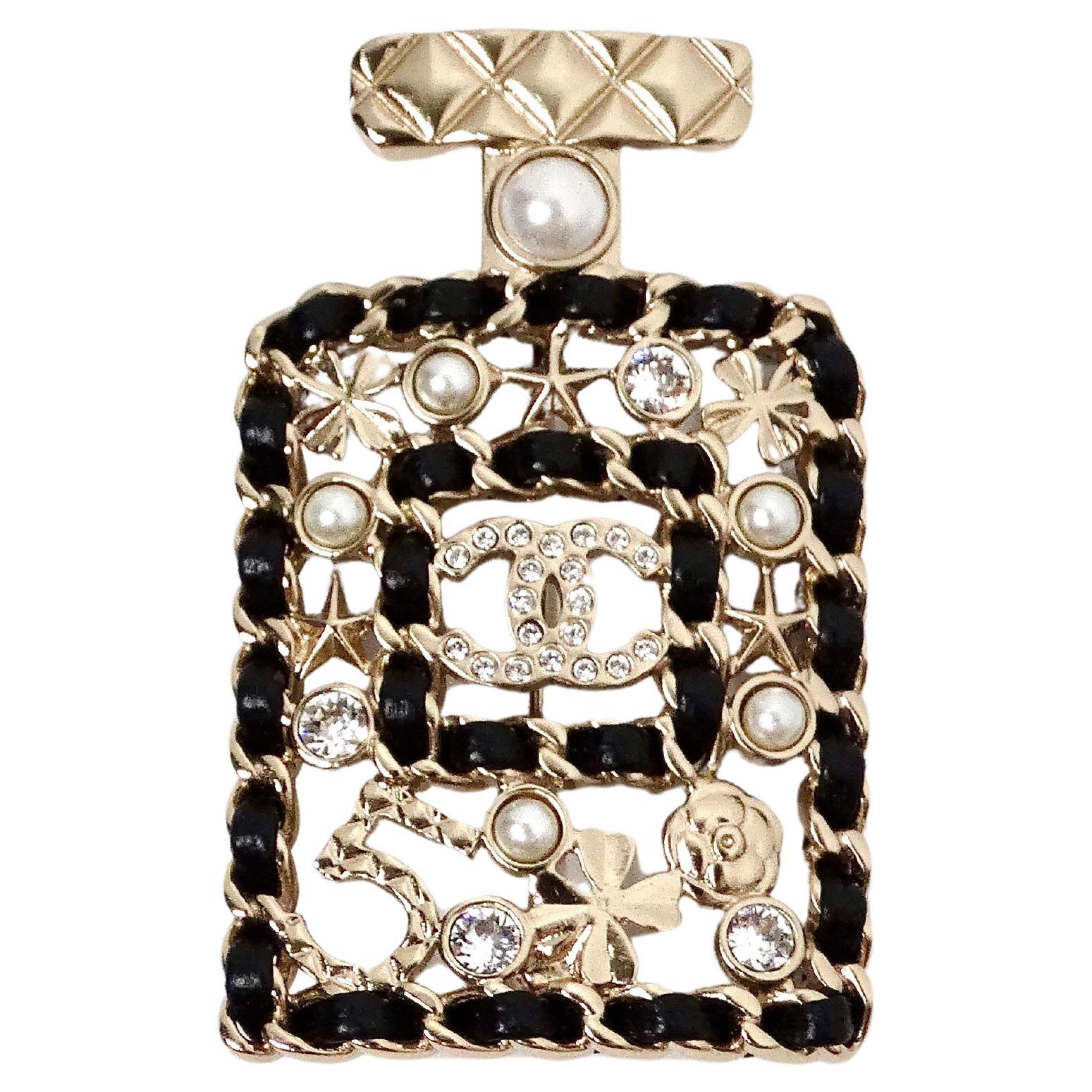 Chanel Broche de cristal de cuero negro estilo botella de perfume nº 5 2020 en venta