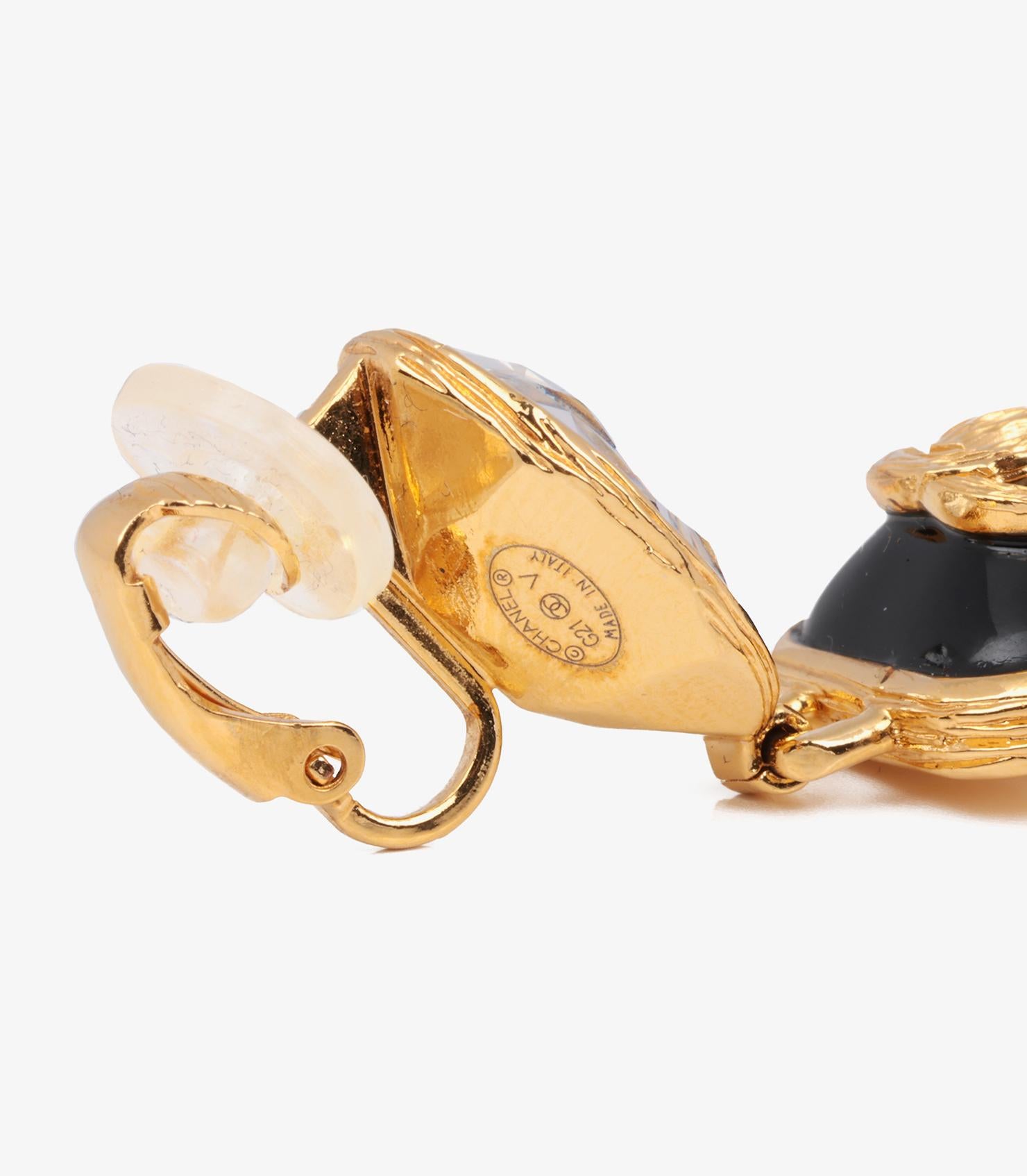 Women's or Men's Chanel Crystal & Black Resin Gold Tone CC Drop Clip Earrings