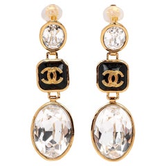 Chanel Crystal & Black Resin Gold Tone CC Drop Clip Earrings