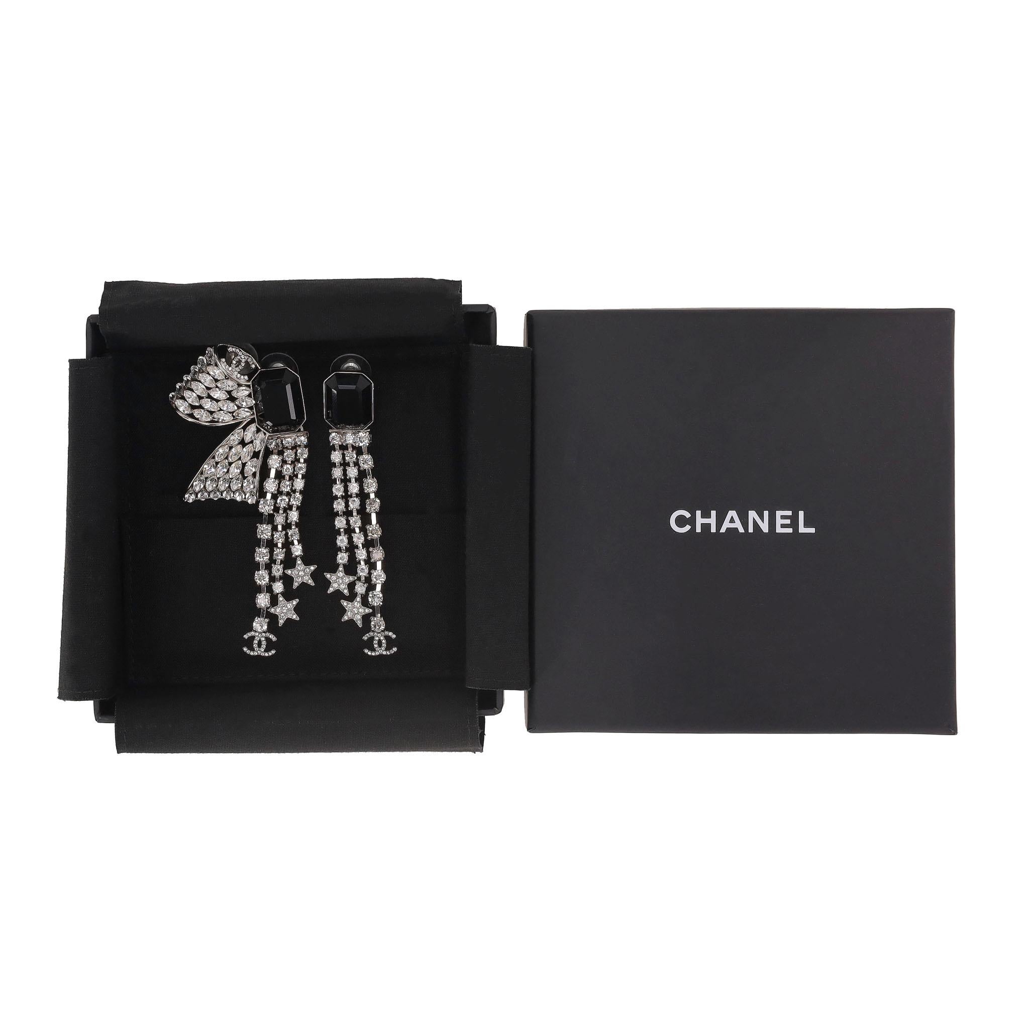 Square Cut Chanel Crystal Bow Embellished 'CC' Logo Drop Earrings For Sale
