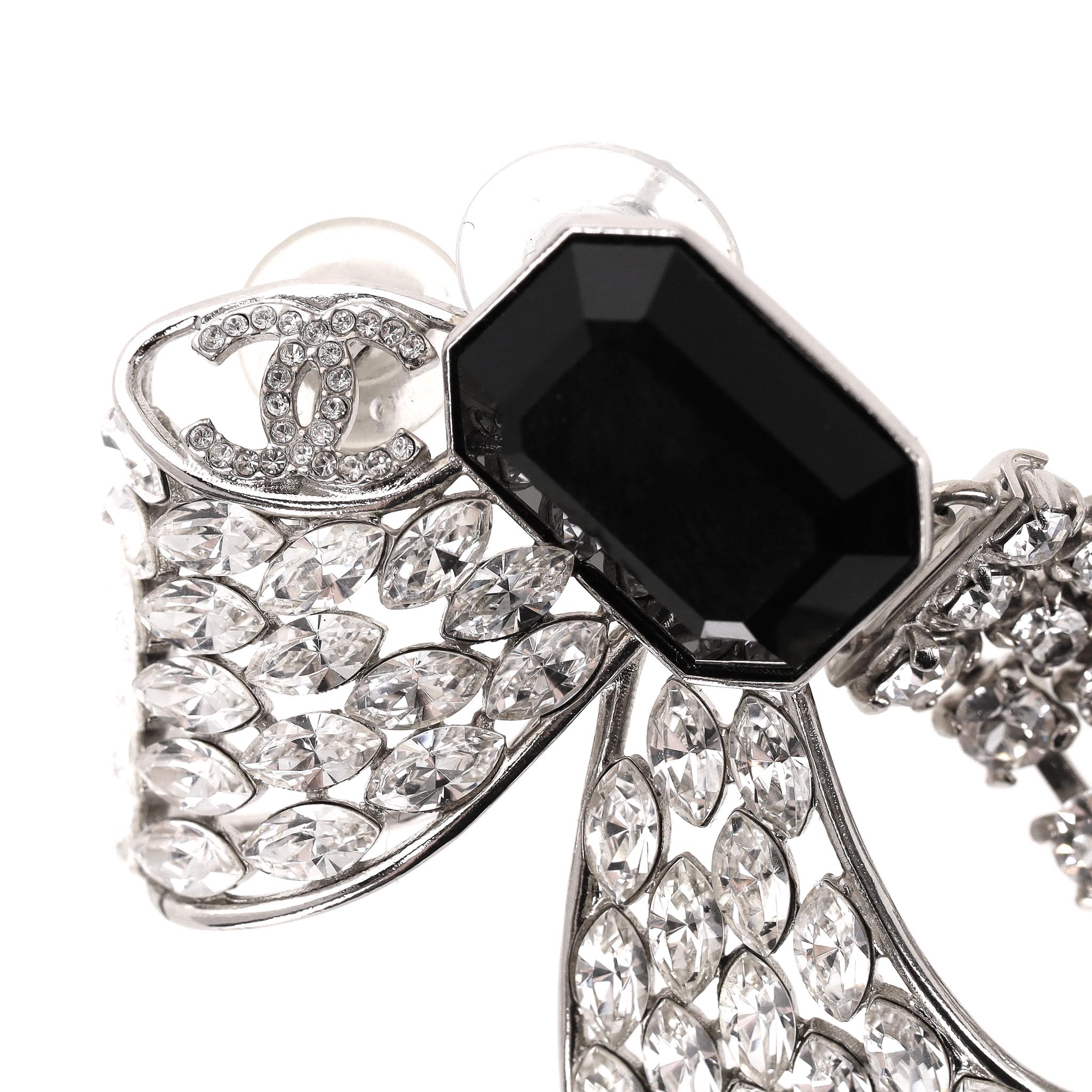Chanel Crystal Bow Embellished 'CC' Logo Drop Earrings For Sale 2