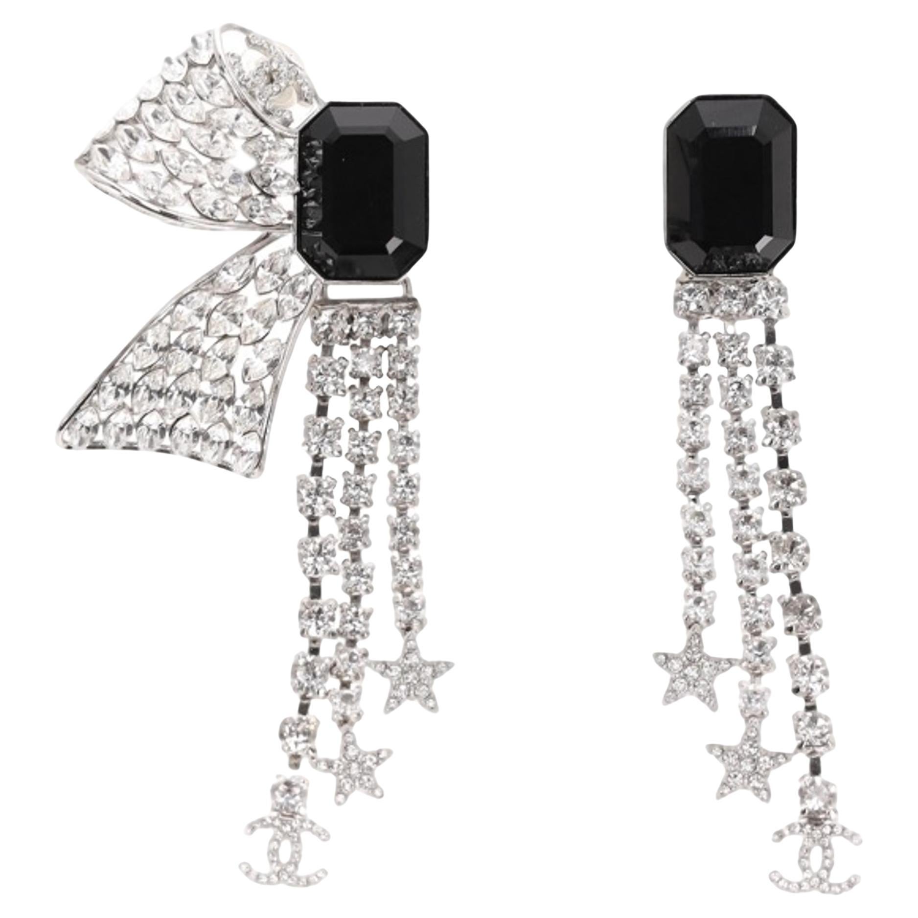 Chanel Crystal Bow Embellished 'CC' Logo Drop Earrings For Sale