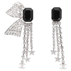 Chanel Crystal Bow Embellished 'CC' Logo Drop Earrings