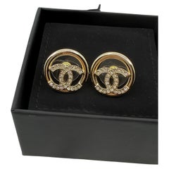 Chanel Crystal CC Gold Circle Stud Earrings