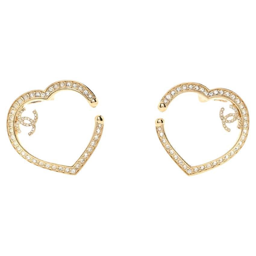 Chanel Crystal CC Gold Open Heart Clip on Earrings