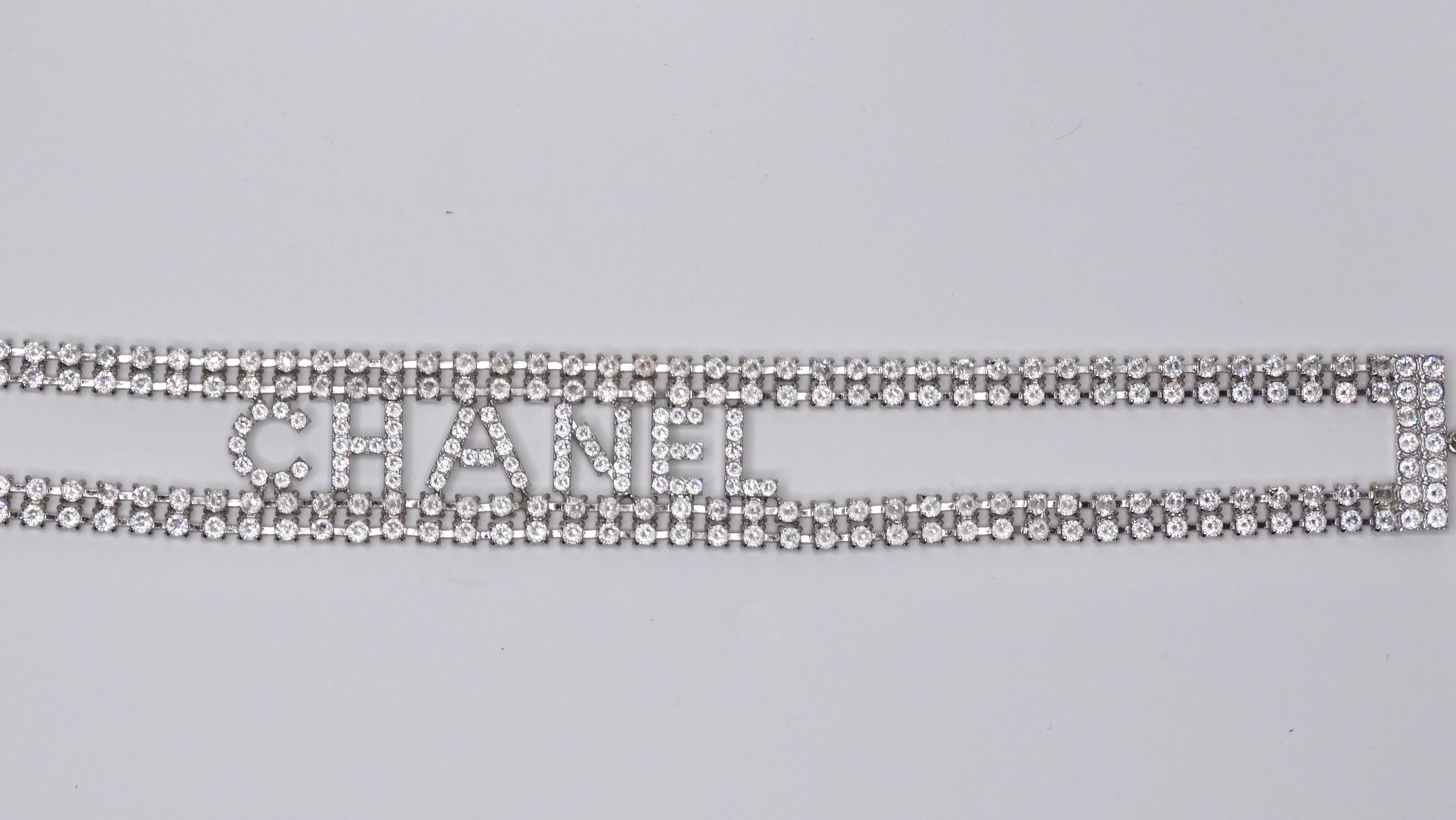 CHANEL Crystal CC Logo Choker Necklace Silver 1