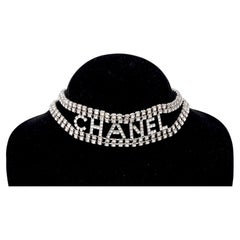 CHANEL Crystal CC Logo Choker Necklace Silver