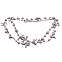 Chanel Crystal CC Long Gray Black Pearl Necklace