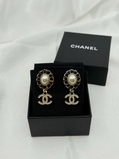 CHANEL Crystal CC Pearl and Black Leather Dangle Statement Earrings