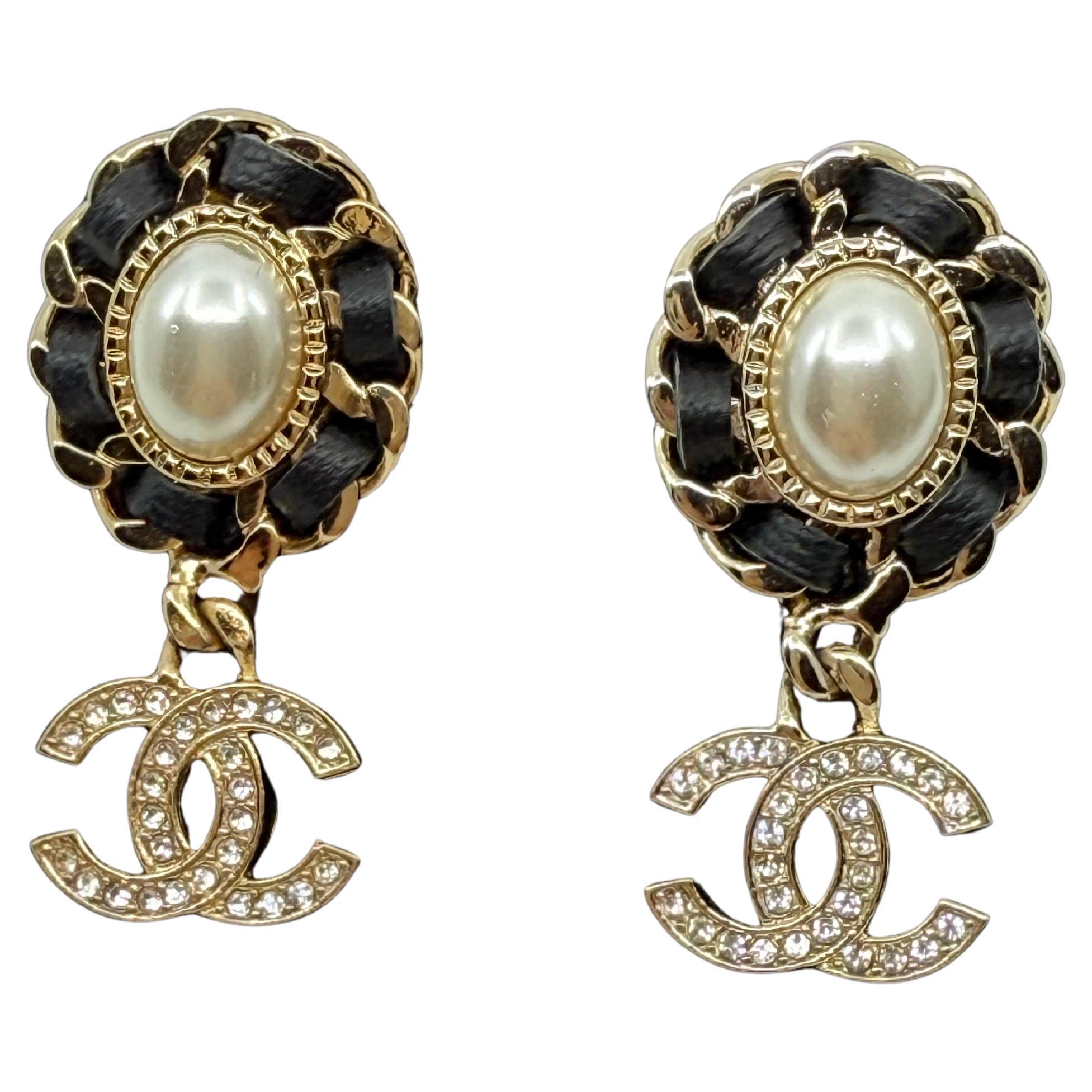 CHANEL Crystal CC Pearl and Black Leather Dangle Statement Earrings For Sale