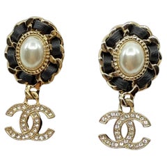 CHANEL Crystal CC Pearl and Black Leather Dangle Statement Earrings