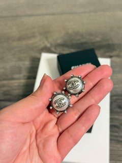 Chanel Crystal CC Silver Circle Stud Earrings