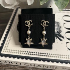 Chanel Crystal CC Star Faux‎ Pearl Dangle Earrings