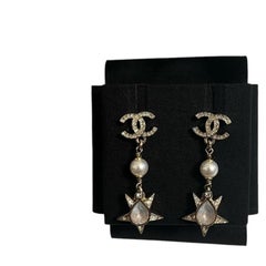 Chanel Crystal CC Star Faux‎ Pearl Dangle Earrings