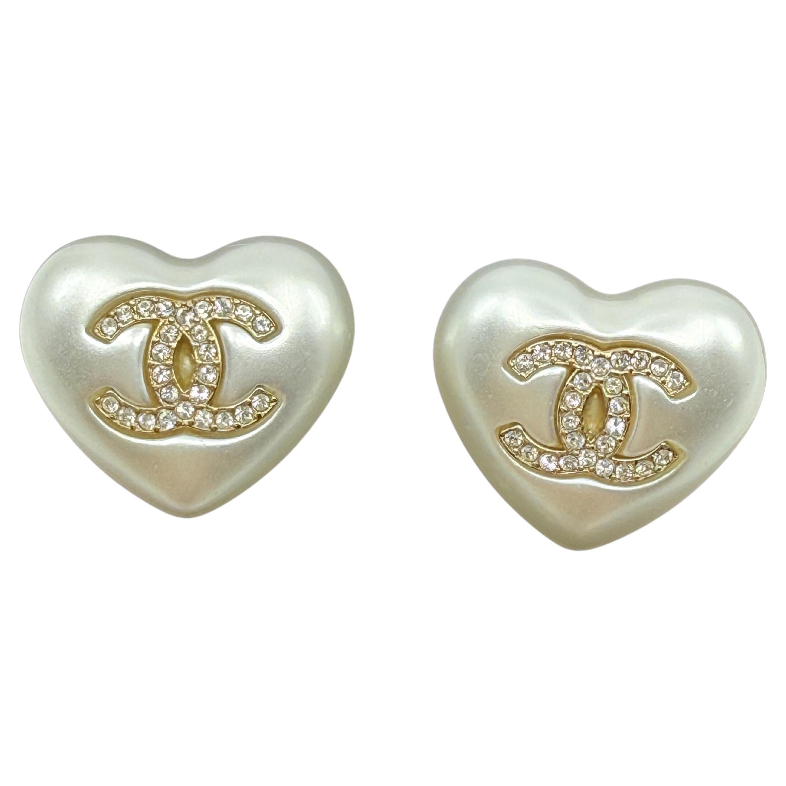 CHANEL Crystal CC White Pearl Heart Stud Earrings