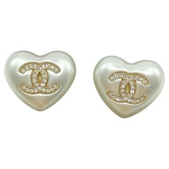 CHANEL Crystal CC White Pearl Heart Stud Earrings